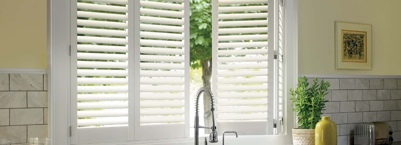 Best kitchen window treatments, Hunter Douglas Palm Beach Polysatin Shutters near Seattle, Washington (WA)