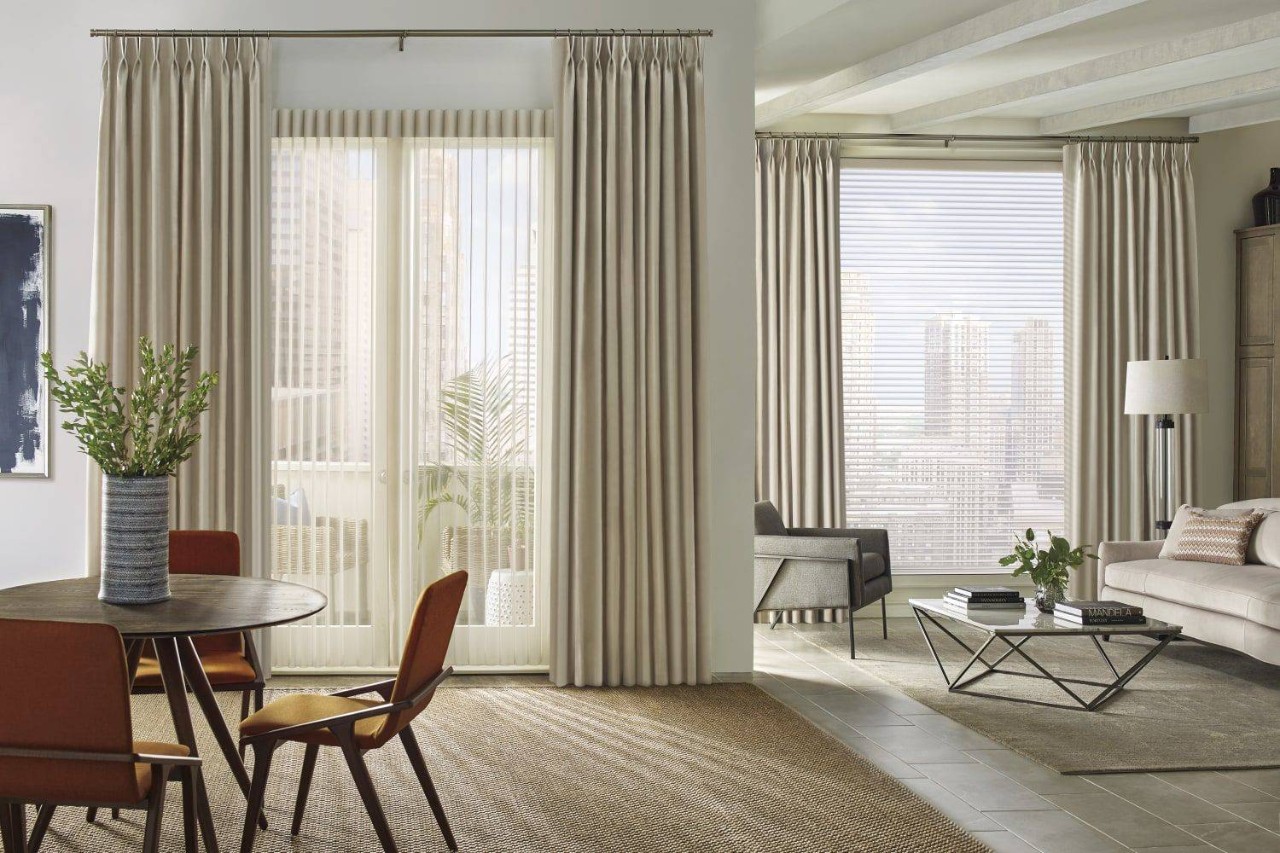 Apartment decorated with flowing beige Hunter Douglas drapery near Seattle, WA