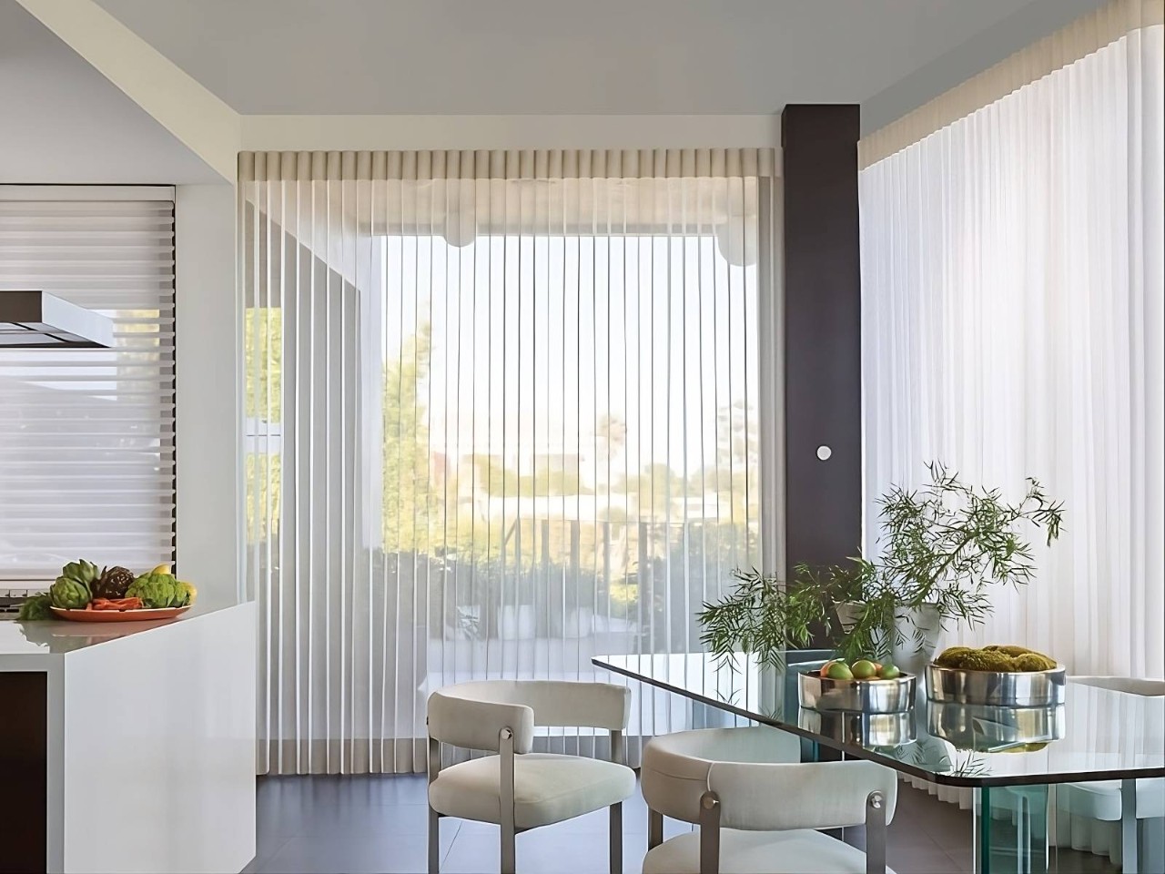 Hunter Douglas Silhouette® Sheer Shades on three large windows in a modern, chic kitchen at Wessco Blinds near Seattle, WA
