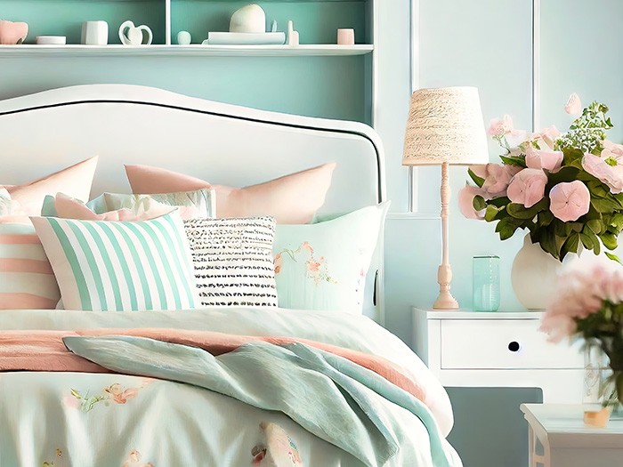 Bed with bright turquoise and pink bedding.